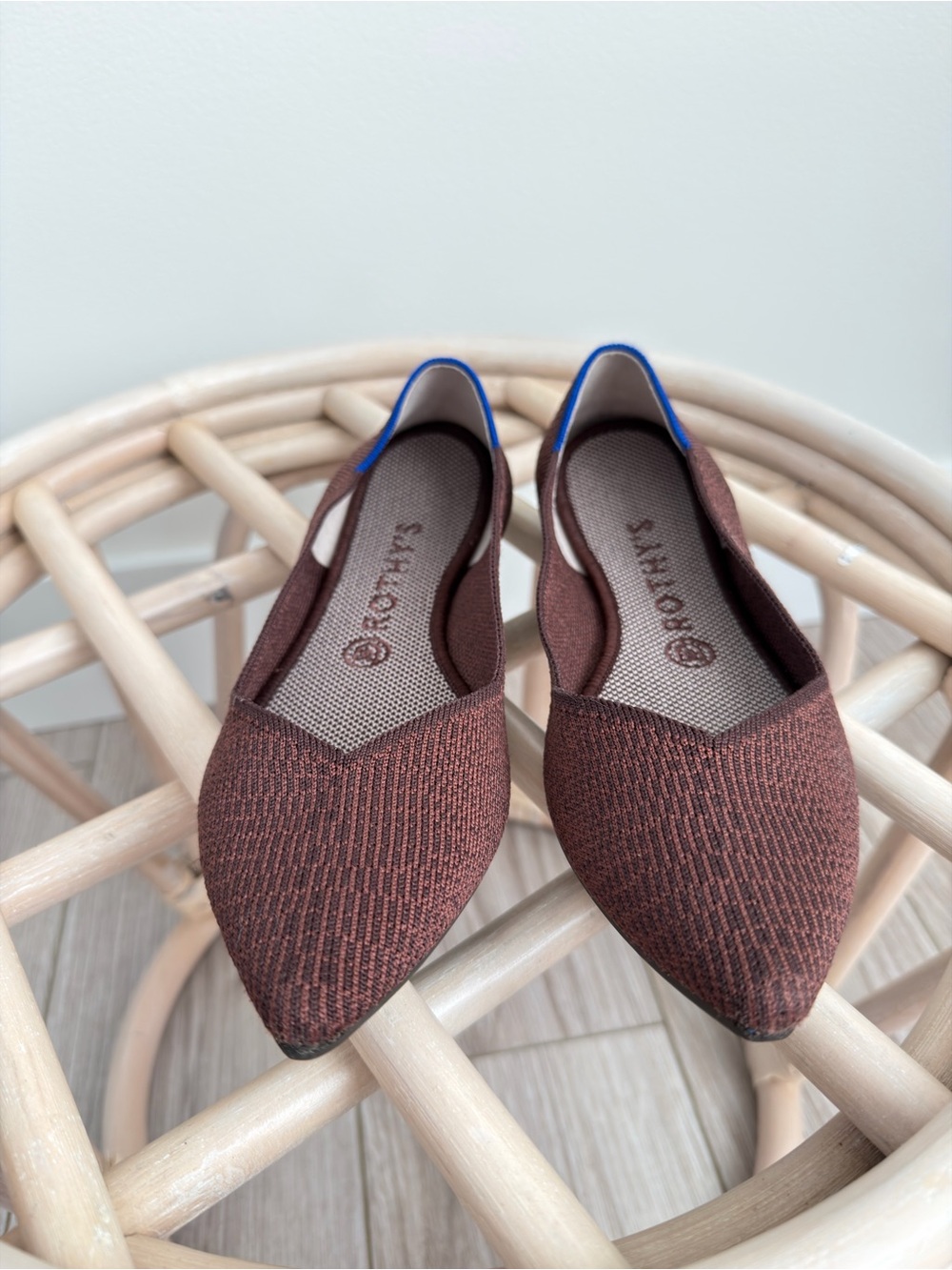 Rothy's Brown Pointed Knit Flats with Blue Trim